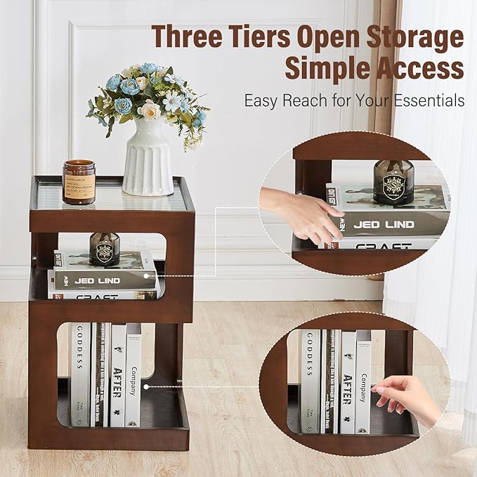 CozyDH 3-Tier End Table No Assembly Required, Modern Side Table 3-Tier Wood Nightstand for Small Spaces with Open Storage, Walnut Bedside Table for Bedroom