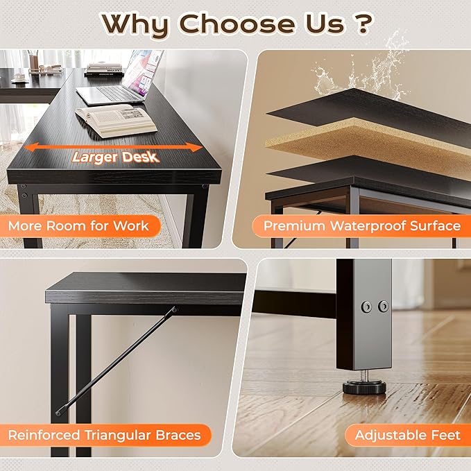 Huuger 63 Inch L Shaped Desk with 0.95 Inch Thicker Desktop, Reversible Computer, Larger Corner Office Gaming Desk, Robust Metal Frame, for Home Office, Study, Black