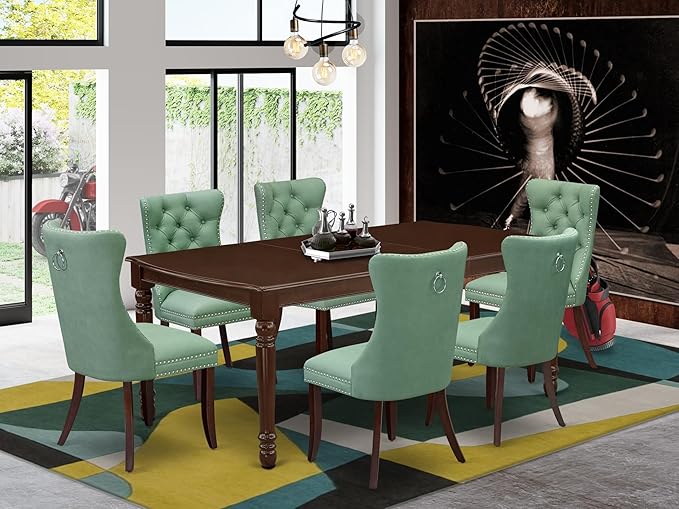 East West Furniture DODA7-MAH-22 7 Piece Dining Set Consists of a Rectangle Wooden Table with Butterfly Leaf and 6 Polyester Fabric Upholstered Chairs, 42x78 Inch, Mahogany