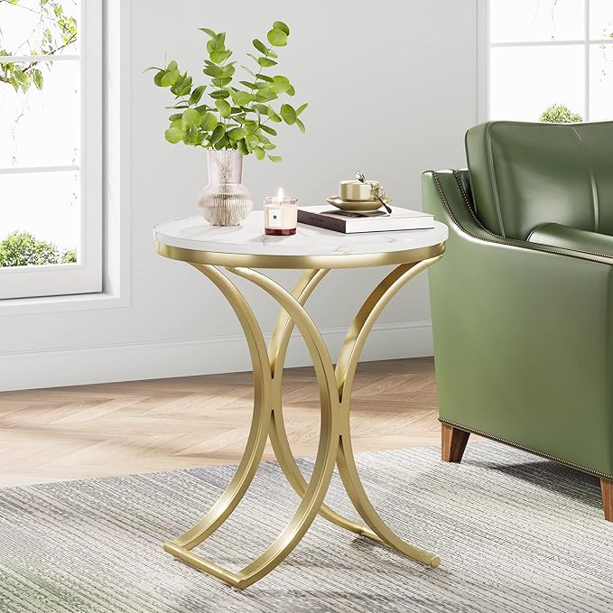 LITTLE TREE Side Table Round End Table Modern Small Accent Table Bedside Table Round Nightstand with Gold Metal Frame and Faux Marble Veneer Engineered Wood for Living Room, White Gold