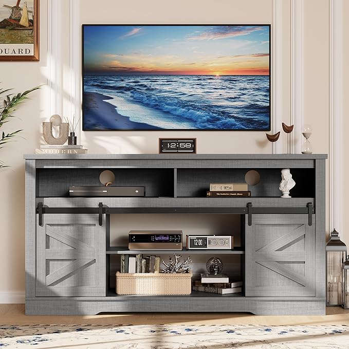 YESHOMY Fireplace TV Stand for Television up to 65+ Inch with Storage and Farmhouse Sliding Barn Doors, Entertainment Center with Cabinet and Shelves, Media Console for Living Room, Gray