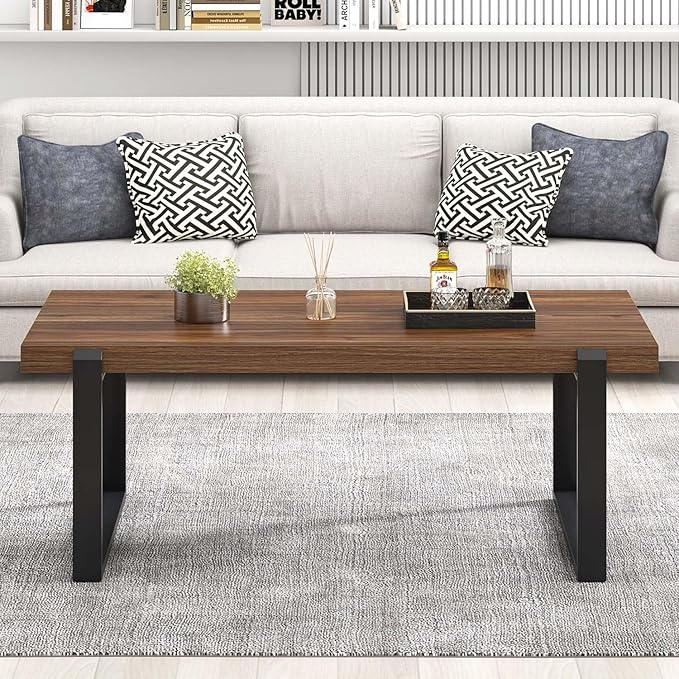 FOLUBAN Modern Coffee Table, Rustic Wood and Metal Center Table, Industrial Rectangle Cocktail Tea Table for Living Room, Walnut, 47 Inch
