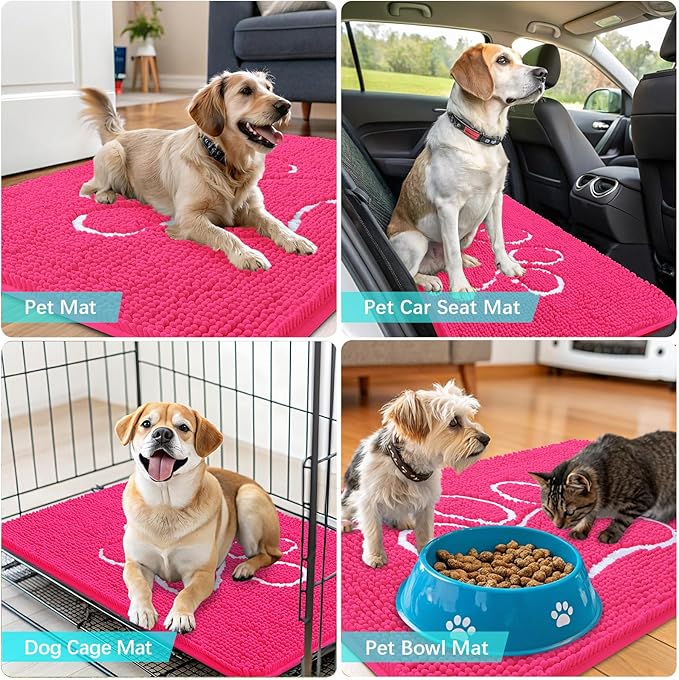 OLANLY Door Mat for Muddy Dog Paws 36x24, Ultra Absorbent Chenille Mud Doormat with Paw Print Design, Non-Slip Washable Doormat for Indoor Entryway, Quick-Dry Pet Bed Mats for Dirty Dogs, Hot Pink