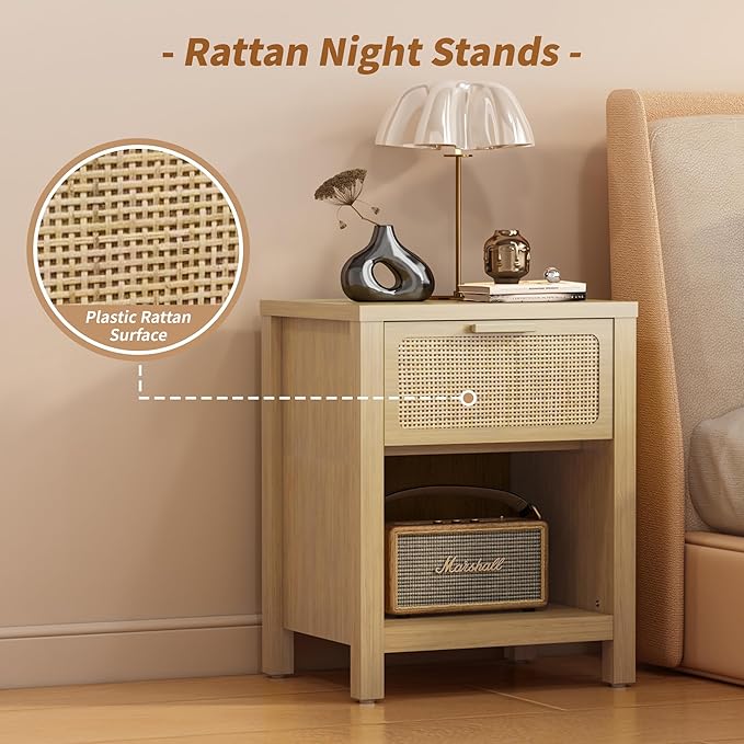 Rattan Nightstand, Farmhouse Bedside Table with Opening Storage,Large Side Table with Drawer,Boho Night Stand,Wooden End Table,Handmade Solid Wood Handle,Natural CTG65Y