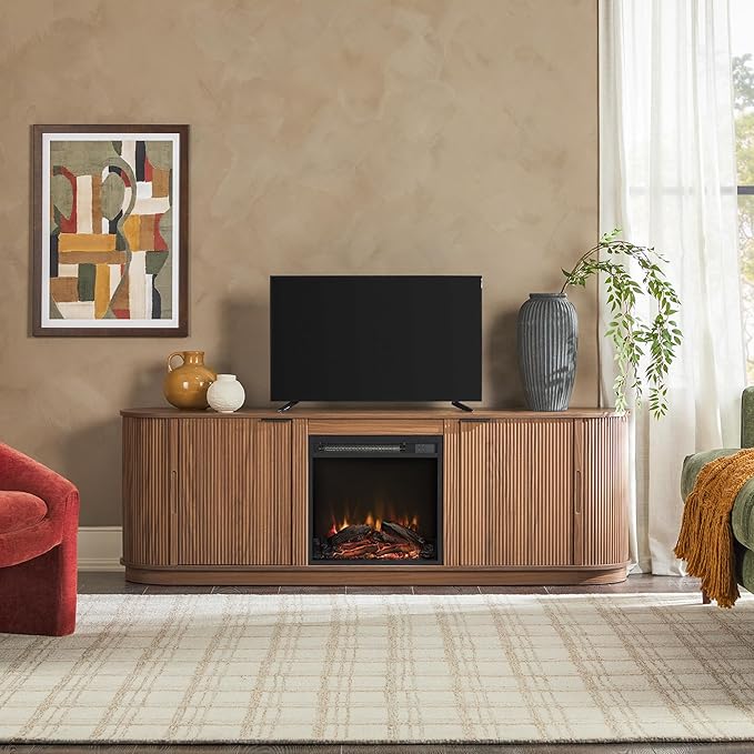 Walker Edison Chloe Reeded TV Stand with Fireplace Insert, 75 Inch, 70 Inch, Mocha