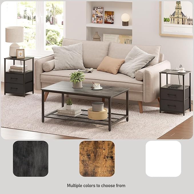 TUTOTAK End Table with Charging Station, Night Stand, Side Table with 2 USB Ports and Outlets, Nightstand with Cloth Drawer, Bedside Table for Livingroom, Bedroom Charcoal Grey TB01BY088