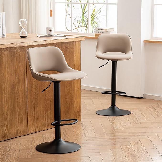 YOUNIKE Bar Stools Set of 2 Compact Modern Swivel Barstools, Adjustable Counter Height Bar Stools Faux Leather Upholstered Bar Chairs with Back for Kitchen Island, Khaki