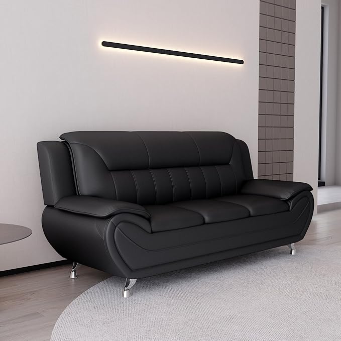Container Furniture Direct Michael Modern Faux Leather Upholstered Stainless Steel Legs Living Room Sofa, Chair, Midnight Black