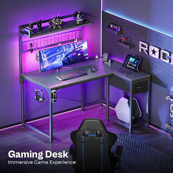PRAISUN L Shaped Gaming Desk with Shelves, Corner Computer Table with LED Lights, Power Outlets and USB-C Ports, 42 Inch Home Office Desk with Storage Drawer, for Work and Study, Carbon Fiber Black