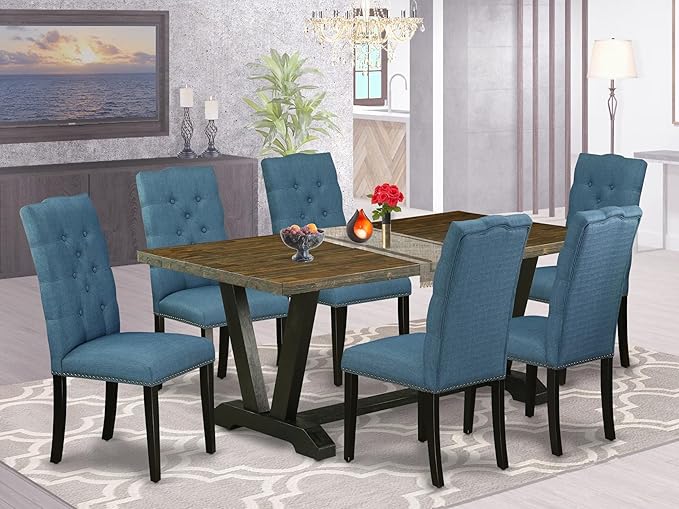 East West Furniture V677EL121-7 7 Piece Modern Dining Table Set Consist of a Rectangle Wooden Table with V-Legs and 6 Blue Linen Fabric Parson Dining Chairs, 40x72 Inch, Multi-Color