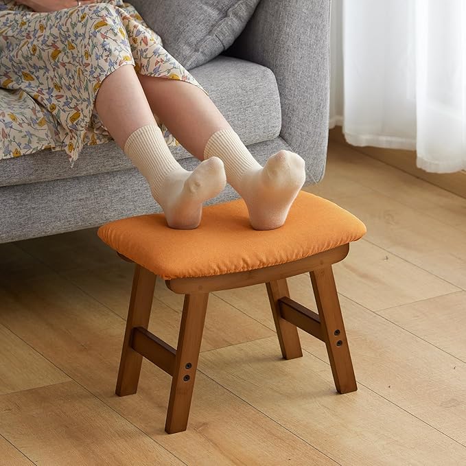 Foot Stool Ottoman Foot Rest Under Desk,Small Stool for Living Room, Bedroom and Kitchen (Brown Legs - Orange Stool Surface)