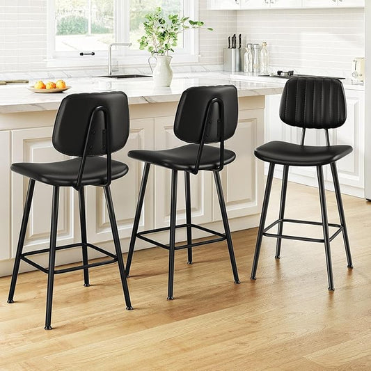 24-Inch Leather Bar Stools Set of 3, Counter Height Barstools with High Backrest，Bar Chairs for Kitchen Island with Heavy Duty Metal Legs, Black
