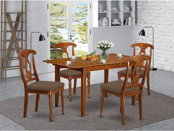 East West Furniture PSNA5-SBR-C 5 Piece Dinette Set for 4 Includes a Rectangle Dining Room Table with Butterfly Leaf and 4 Linen Fabric Kitchen Dining Chairs, 32x60 Inch, Saddle Brown