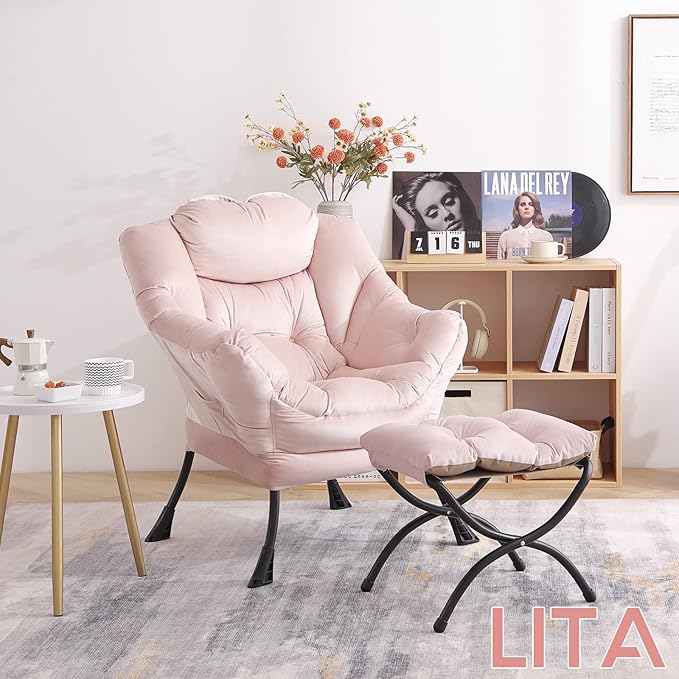 LITA Lazy Chair With Ottoman, Modern Accent Leisure Upholstered Sofa, Contemporary Lounge Reading With Armrests and Side Pocket for Living Room, Bedroom & Small Space, Pink