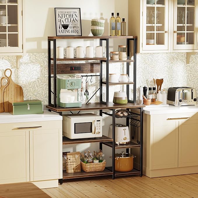 SUPERJARE Large Bakers Rack with Power Outlets, 6-Tier Microwave Stand, Coffee Bar with 12 S-Shaped Hooks, Kitchen Shelf with Wire Basket, 39.3 x 15.5 x 66.9 Inches, Rustic Brown