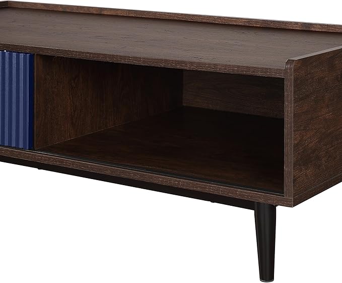 Manhattan Comfort Duane Mid Century Modern Coffee Table with Drawer & Cubby Shelf, Living Room Furniture with Ribbed Flat Design, Wood Grain Laminate Finish & Durable Iron Metal Feet, Navy Blue
