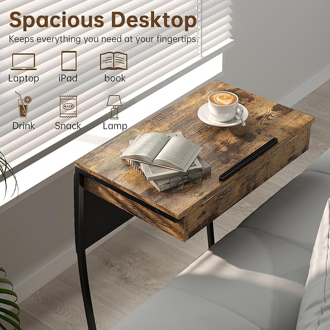 Hadulcet TV Tray Tables, Laptop Stand for Couch, C Shaped End Table with Charging Station, Couch Tables That Slide Under, Bed Desk for Eating, Couch Desk for Laptop, Rustic Brown