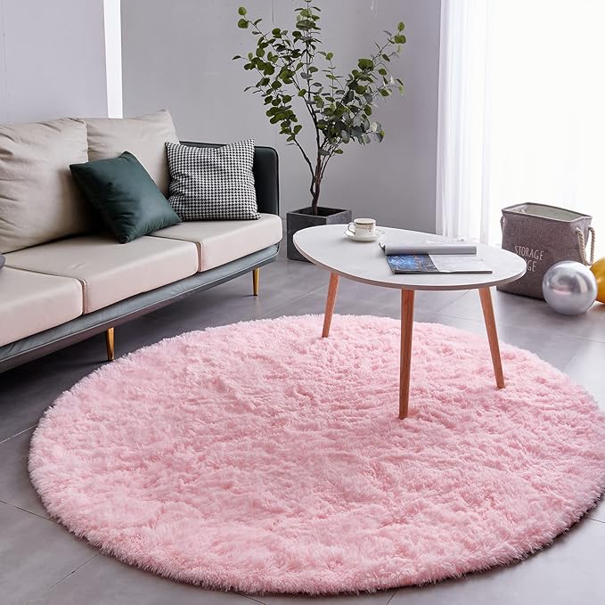 FJZFING Pink Round Rug Ultra-Soft Plush Modern 7x7 Circle Area Rug for Kid's Bedroom, Fluffy Shag Circular Rug for Nursery Room, Non-Slip Home Decor Cute Pink Carpet for Teen's Room