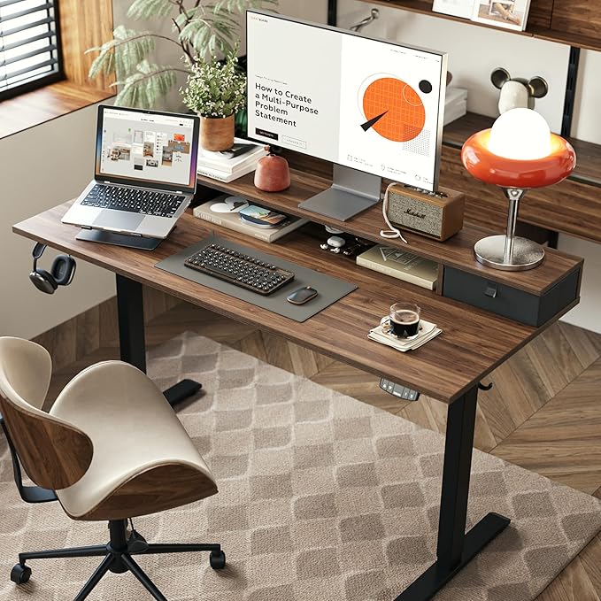 48 x 23 Inches Height Adjustable Electric Standing Desk with 2 Drawers, Stand Up Electric Desk Adjustable Height, Sit Stand Computer Gaming Table with Splice Board, Dark Walnut