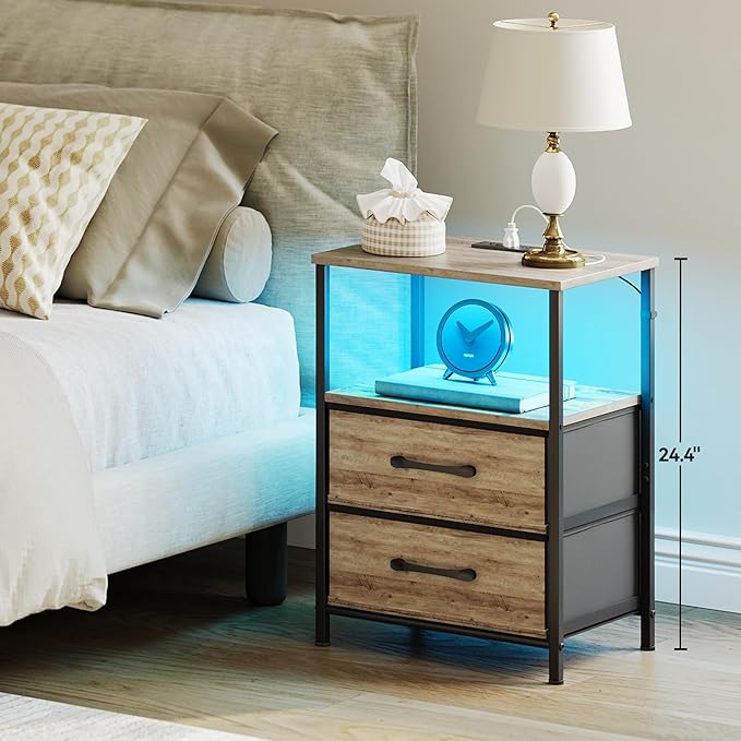 Nightstands Set of 2, Night Stand with Charging Station and Led Lights, Bedside Table with 2 Fabric Drawers for Bedroom, Small Side End Table with Open Shelf, Greige