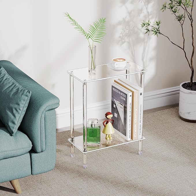 Clear Acrylic Narrow Side Table for Small Spaces, 15.75" L x 7.87" W x 19.82" H, 2 Tier Rectangle Slim End Table Nightstand, Small Skinny Bedside Table for Bedroom, Bathroom, Living Room