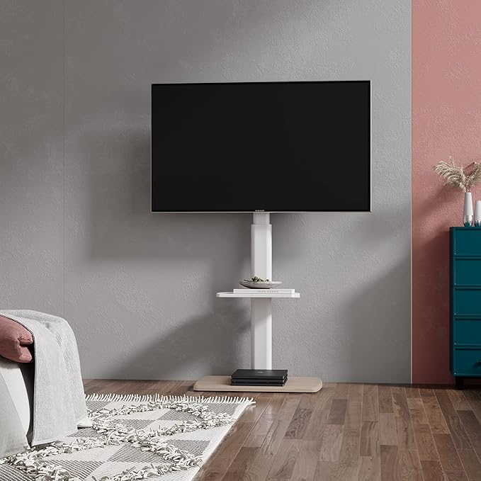 FITUEYES Floor TV Stand Tall for Living Room, Bedroom, Corner TV Stands for TVs up to 70 Inch Swivel TV Mount Stand with Height Adjustable Shelf Upgrade Sturdy Wood Base White