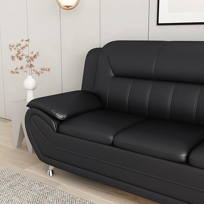 Container Furniture Direct Michael Modern Faux Leather Upholstered Stainless Steel Legs Living Room Sofa, Loveseat, Black