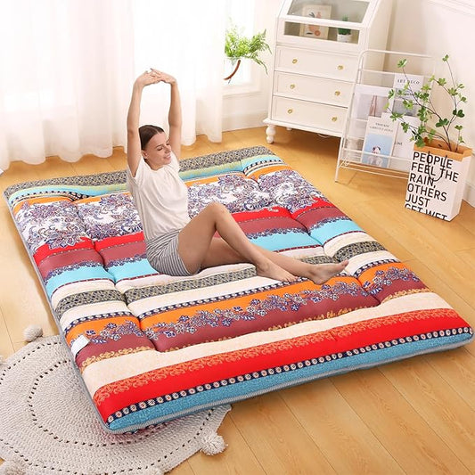 Bohemian Retro Japanese Floor Mattress, Vintage Floral Tatami Floor Mat, Portable Roll up Futon Mattress for Guest,Tavel (B,Full 80" X 47")