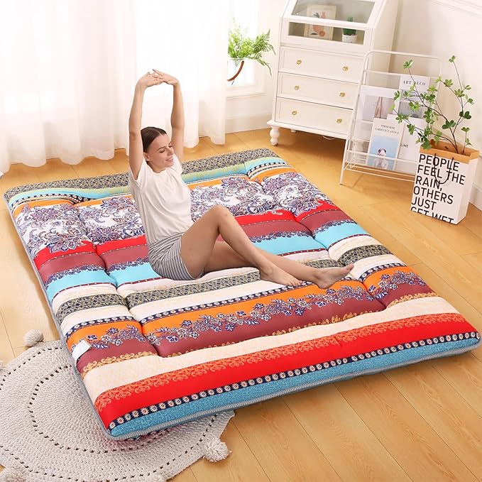 Bohemian Retro Japanese Floor Mattress, Vintage Floral Tatami Floor Mat, Portable Roll up Futon Mattress for Guest,Tavel (B,Twin 80" x 36")
