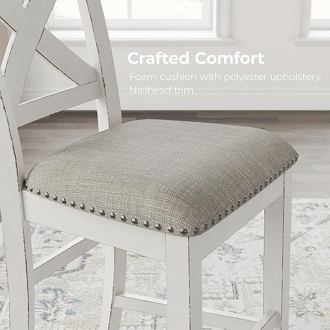 Signature Design by Ashley Robbinsdale Farmhouse Armless 24.75" Counter Height Upholstered Bar Stool with Foot Rest, Set of 2, White & Light Gray
