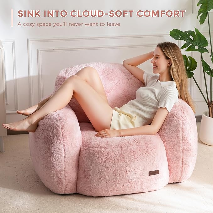 MAXYOYO Bean Bag Chair, Comfy Pebble Shaped Single Bean Bag Sofa for Adults, Stuffed Floor Sofa with Supportive Backrest & Armrests, Modern Faux Fur Accent Chair for Living Room & Bedroom, Pink