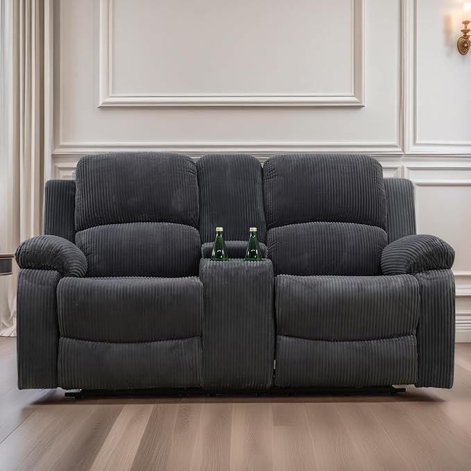Loveseat Recliner Sofa, Reclining Loveseat Couch with Storage Console, Modern Comfy Home Theater Seating Power Recliner Chair with Cup Holders for Living Room Furniture Sets, Grey