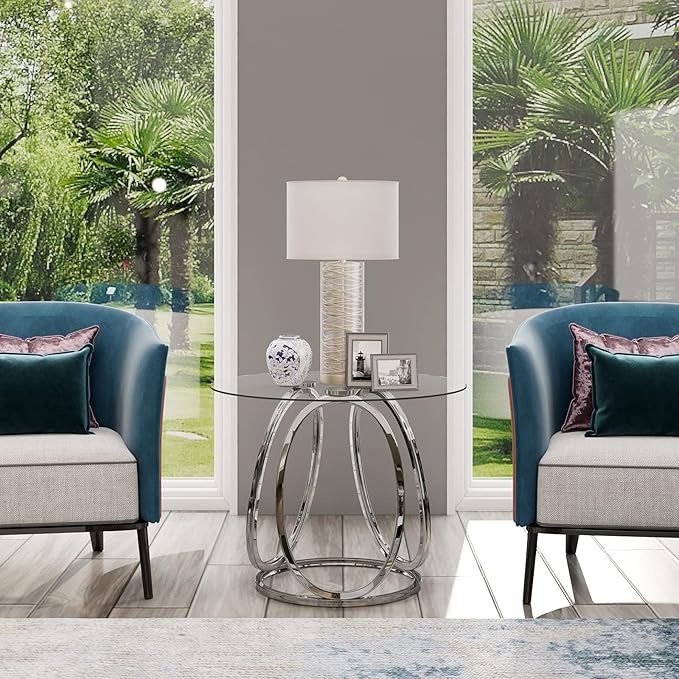 O&K FURNITURE Silver End Table for Living Room, Glass Side Table for Bedroom, Modern Round Glass Nightstand with Metal Frames for Home Office, Chrome Finish, 1 PC