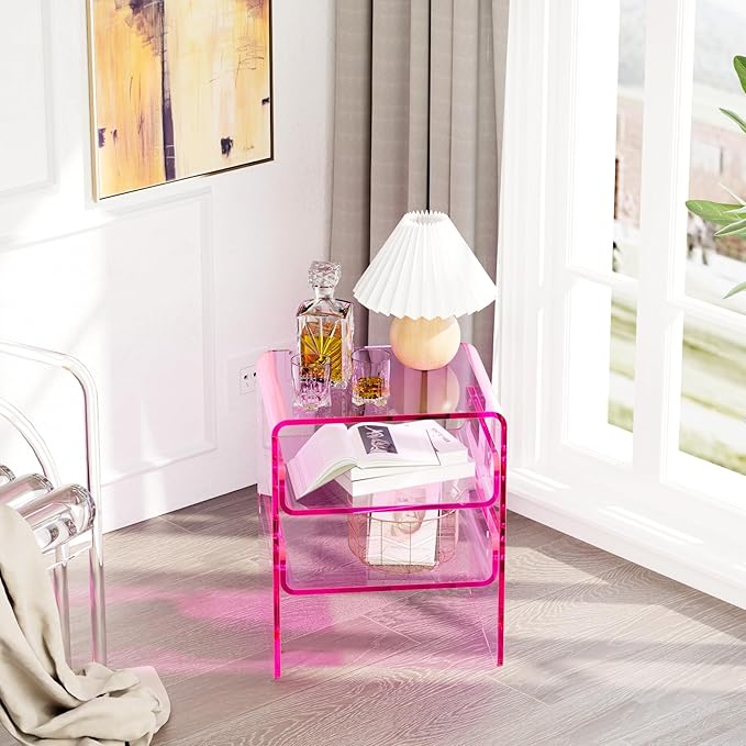 Clear Acrylic 3-Tier End Table/Nightstand – Sleek Bedside Storage with Durable Design, Perfect for Bedrooms, Living Rooms, or Modern Interiors – Ideal as a Bedside Table or Sofa Side Piece (Pink)
