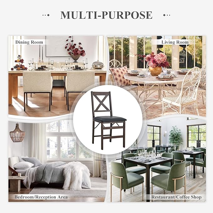 COLAMY Folding Dining Chairs Set of 4 – Dark Brown Wooden Dining Room Chairs, Pre-Assembled, Space Saving Kitchen & Dining Room Furniture, Mid Century Rustic Style, Indoor Outdoor Use