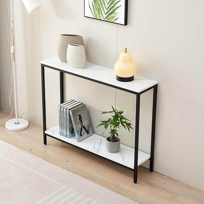 loglus Console Table for Entryway, Faux Marble MDF Sofa Table with Golden Frame (Double Layer, Black Frame)