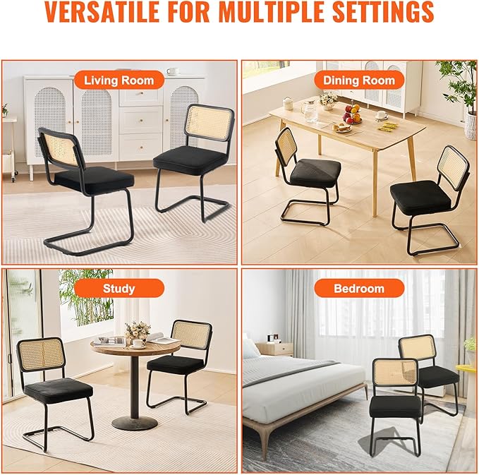 VEVOR Rattan Dining Chairs Set of 2, Mid Century Modern Dining Chair, Upholstered Velvet Accent Chair with Rattan Back, Retro Dining Room Kitchen Chair for Living Room, Bedroom(18.1 Inch)