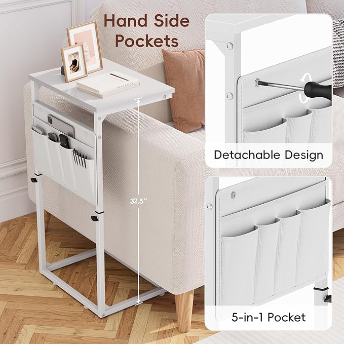 Vagusicc C Shaped End Table, Set of 2 Tall Side Table for Couch, Adjustable Height Small Couch Side Table for Small Spaces, End Table Slide Under Sofa Table TV Tray Arm Table for Living Room, White