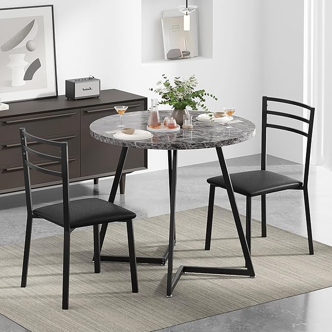 VECELO Small Round Dining Table Set for 2, Wood Tabletop with Strong Metal Frame, Modern Dinette with Chairs for Kitchen, Breakfast Nook Living Room, Faux Marbled & Grey