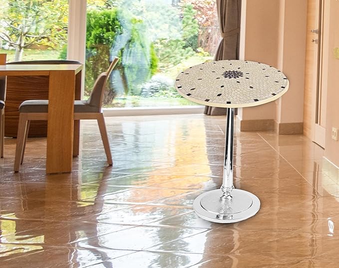 CLEENTABLE Mosaic Round End Table - Modern Coffee Accent Table with Artistic Top, Electroplated Silver Legs - Lightweight, Durable, Easy Assembly 15 x 21 Inches (Ivory Silver)