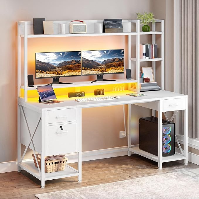 DWVO Computer Desk with Drawers & Hutch, 59.1" Office Desk with Power Outlets & LED Lights, Home Office Desk with Storage Shelves, White