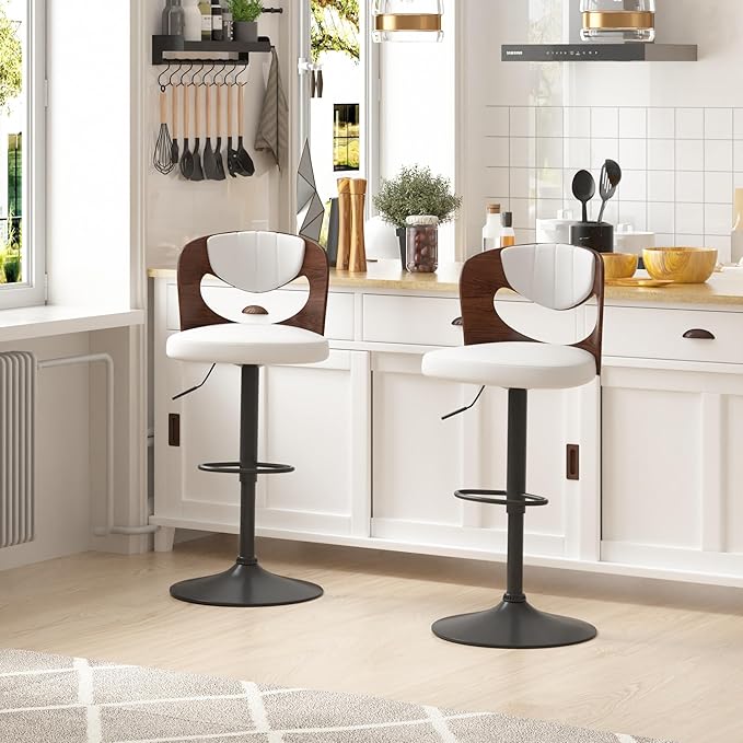 VECELO BarStools Set of 4,Kitchen Island Stools with Bentwood Back,Arm&Footrest,Counter Height Bar Chairs PU Leather Cushion Seat Adjustable Height 360°Swivel,Island Chairs for Club Pub,Creamy White