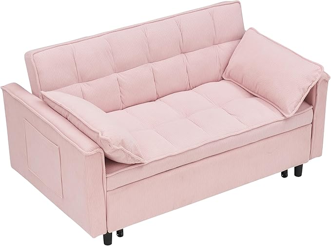 Ball & Cast Convertible Sofa Bed,Loveseat Sleeper Sofa W/Pull-Out Bed,Convertible Pull Out Couch W/2 Pillows,Adjustable Backrest&Side Pocket,Corduroy Futon Couches for Living Room,Apartment,Pink,54"