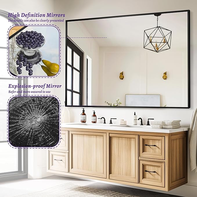 Bathroom Mirror, 55" x 36" Wall Mirror, Rectangular Aluminum Alloy Frame Contemporary Hanging Mirror for Living Room Bathroom, Black Rectangle Corner