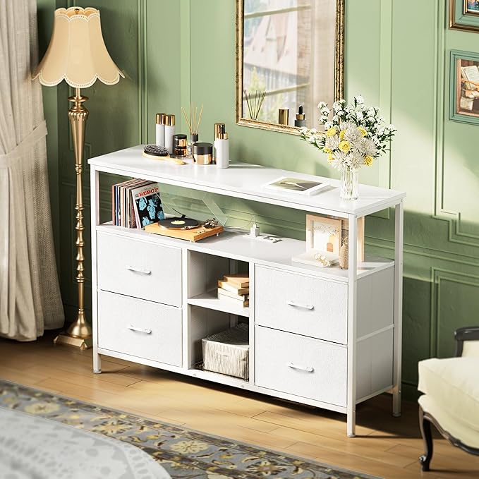 Huuger TV Stand Dresser with Power Outlets and LED Lights, 4 Drawers Entertainment Center with Open Shelf, Media Console for 50 43 Inch TV, Dresser with PU Finish, White