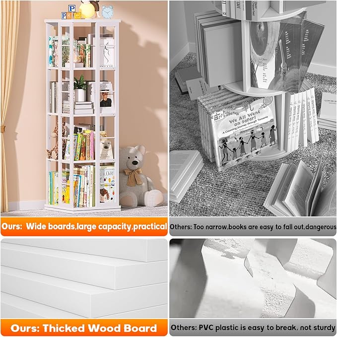Aheaplus Rotating Bookshelf, 4-Tier Corner Bookshelf, 360 Display Wood Spinning Bookshelf, Floor Standing Bookcase Narrow Shelf Revolving Organizer Storage Rack for Small Space, Study Room, White