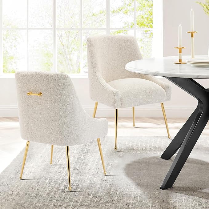 Modern Velvet Dining Chairs Set of 2, Contemporary Upholstered Furniture Collection with Polished Gold Metal Legs, Elegant Accent Chairs for Kitchen Living Room(Teddy Fleece,Beige)