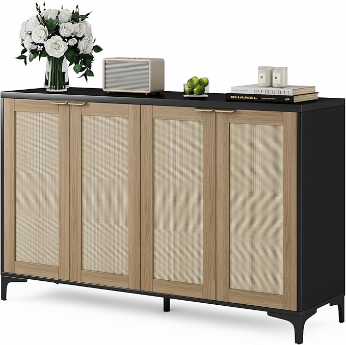 Sideboard - Buffet Cabinet with Storage, Rattan Cabinet with 4 Doors and Adjustable Shelves, Accent Cupboard with Metal Feet, Black Sideboard Console Table for Living Room, Entry, Dining Room