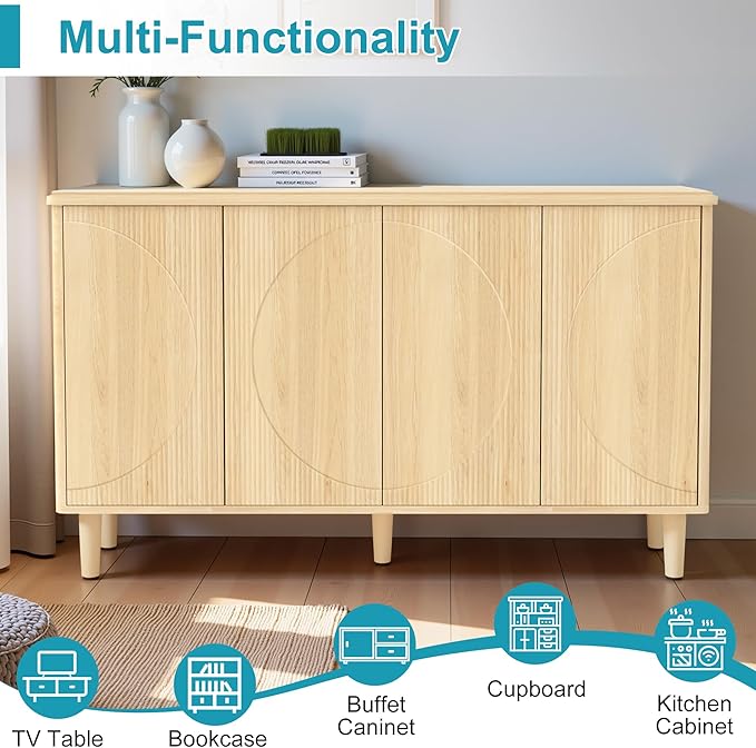 59.4" Sideboard Buffet Cabinet with Storage, Kitchen Buffet Storage Cabinet with Doors & Shelves, Modern Sideboard for Living Room, Kitchen, Hallway, Light Walnut