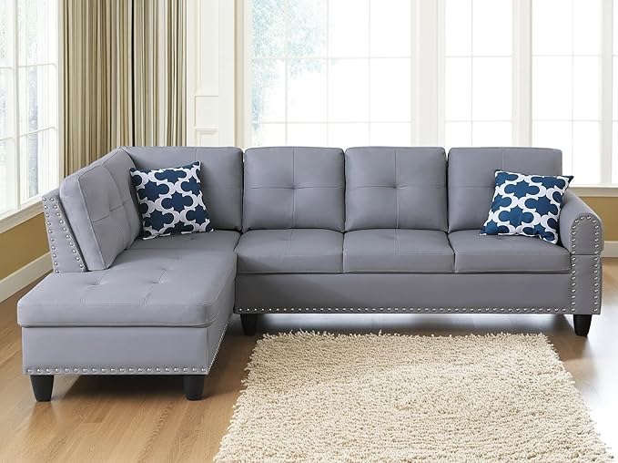 98 Inch L Shaped Sectional Sofa with Chaise Lounge, Storage Ottoman and 2 Pillows, 4-Seaters Faux Leather Upholstered Tufted Couch w/Cupholder & Nailhead Trim for Living Room, Office, Gray